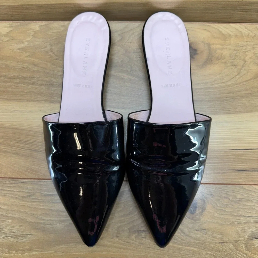 Everlane The Boss Pointed Toe Mule 9 Black Patent Leather Flat Minimalist Modern